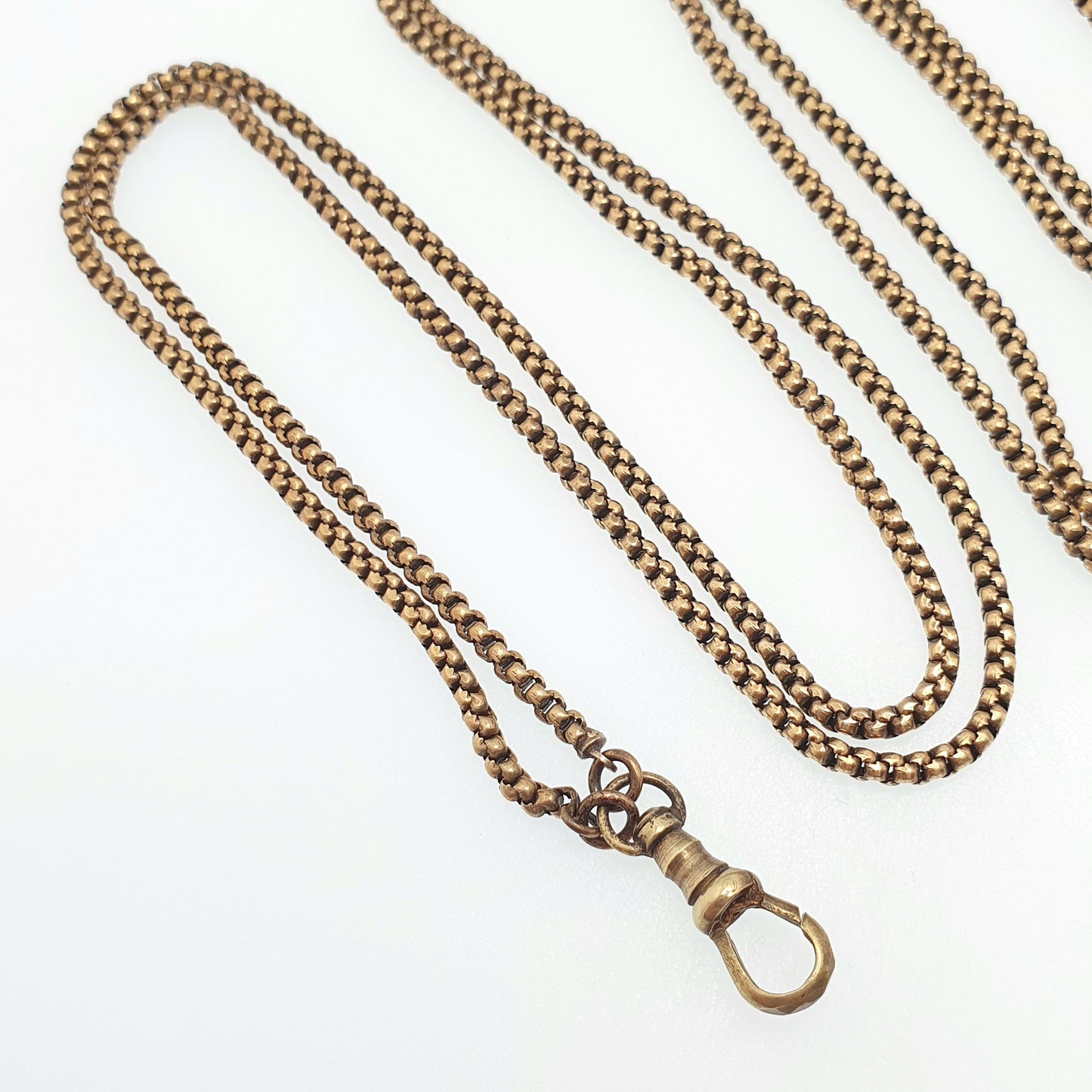 Antique Victorian Muff Chain Necklace Rounded Box Link Dog Clip Gold Gilt Tone Very Long 144cm 20.34g 1800s Guard Vintage Womens