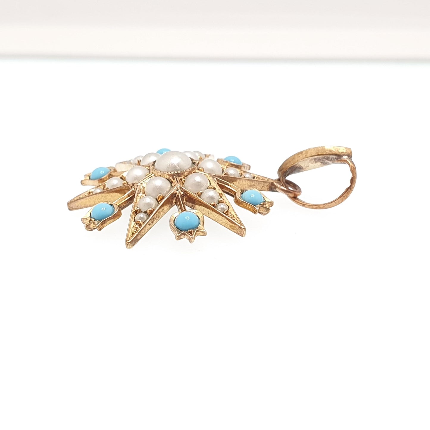 Antique Victorian Star Pendant Faux Turquoise & Seed Pearl Necklace Gold Gilt Celestial Vintage Jewellery Jewelry