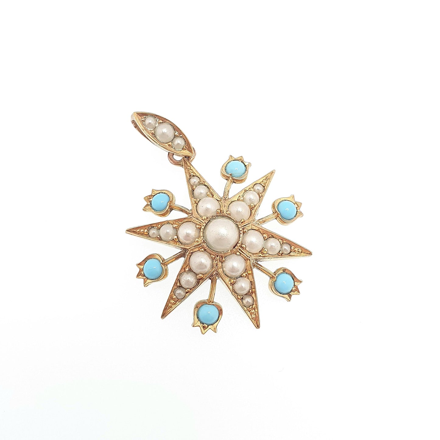Antique Victorian Star Pendant Faux Turquoise & Seed Pearl Necklace Gold Gilt Celestial Vintage Jewellery Jewelry
