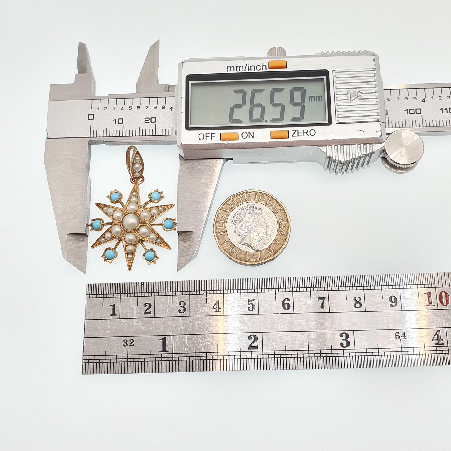 Antique Victorian Star Pendant Faux Turquoise & Seed Pearl Necklace Gold Gilt Celestial Vintage Jewellery Jewelry