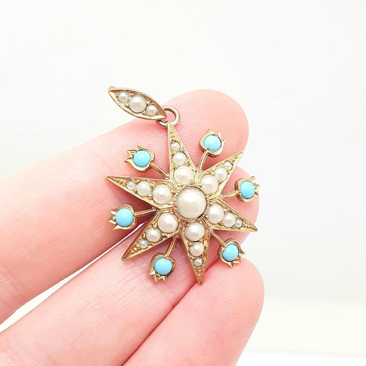 Antique Victorian Star Pendant Faux Turquoise & Seed Pearl Necklace Gold Gilt Celestial Vintage Jewellery Jewelry