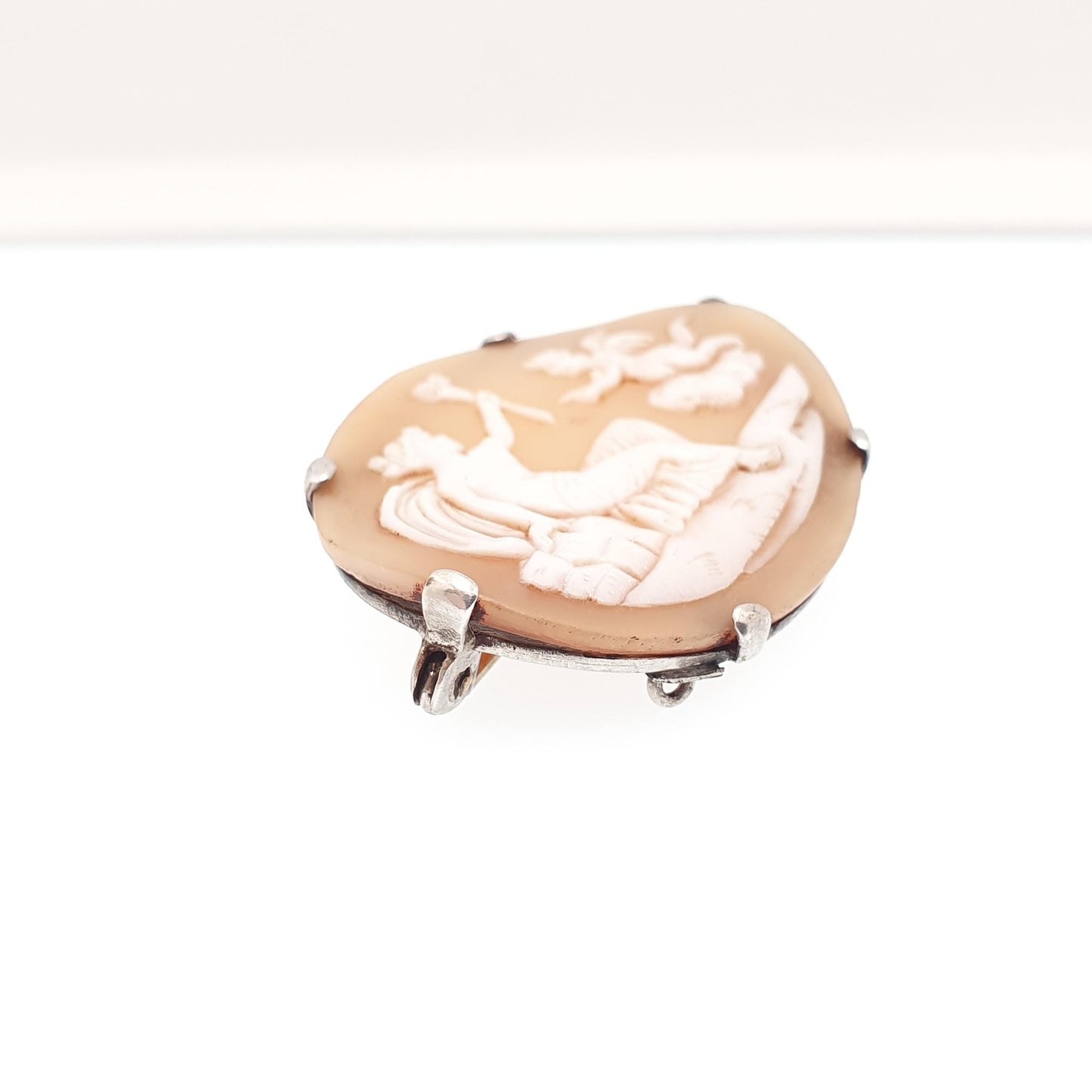 Antique Victorian Hectate & Cherub Cameo Solid Silver Brooch Torch Genuine Shell Womens Jewelry Jewellery Vintage