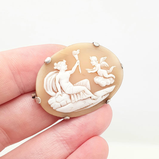 Antique Victorian Hectate & Cherub Cameo Solid Silver Brooch Torch Genuine Shell Womens Jewelry Jewellery Vintage