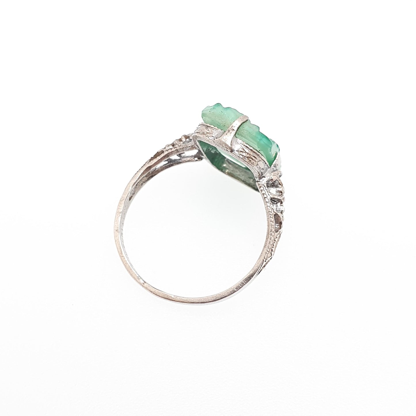 Antique Sterling Silver Peking Glass Jade Ring TLM Thomas L Mott Art Deco Vintage 1920s Womens Green Czech Jewellery Jewelry