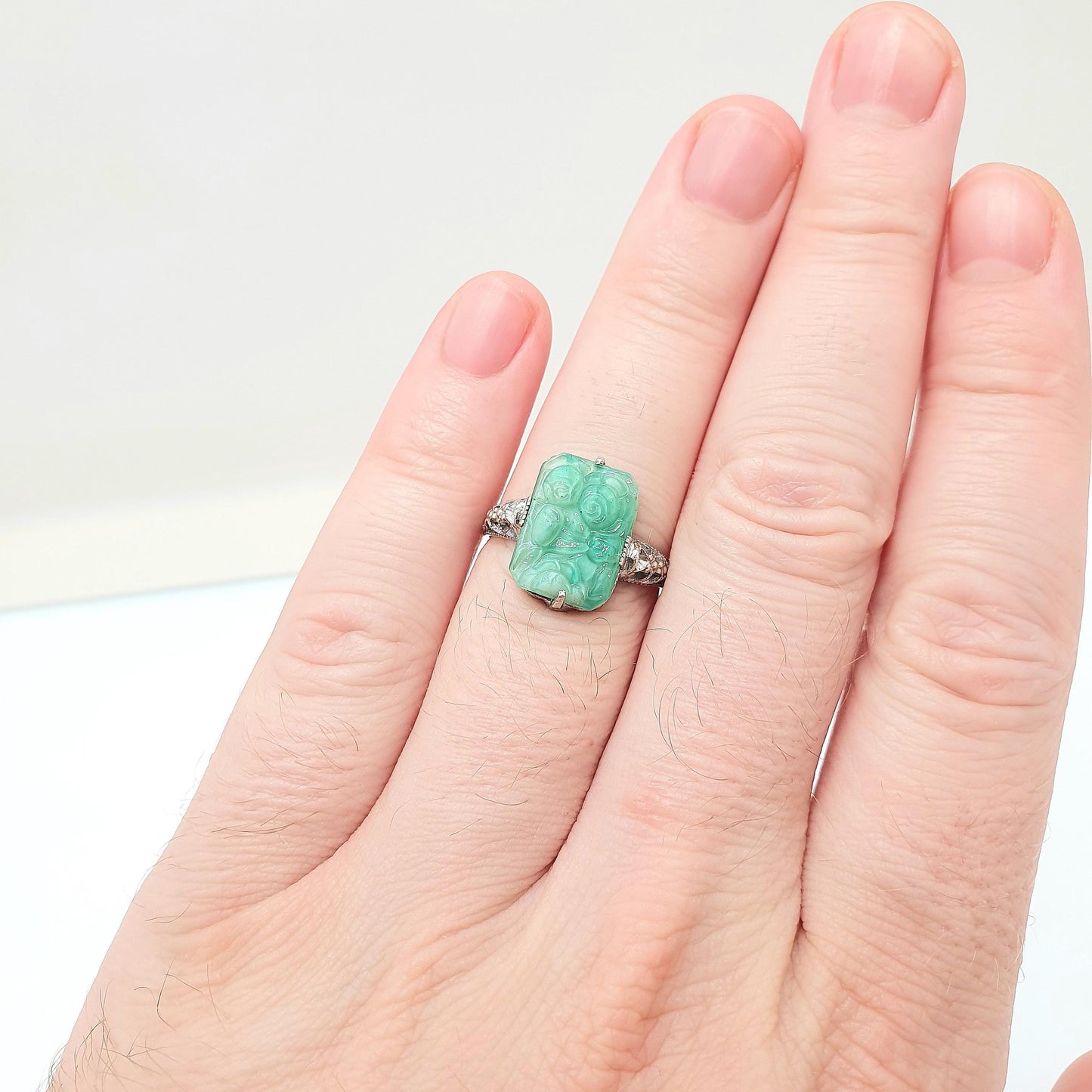 Antique Sterling Silver Peking Glass Jade Ring TLM Thomas L Mott Art Deco Vintage 1920s Womens Green Czech Jewellery Jewelry