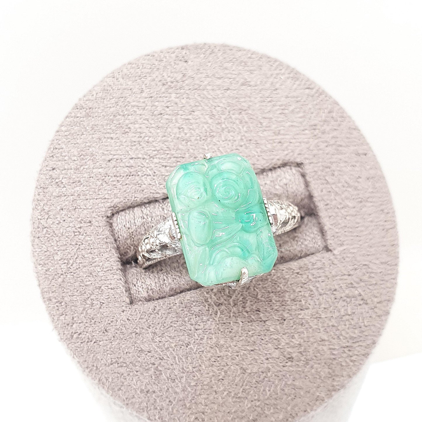 Antique Sterling Silver Peking Glass Jade Ring TLM Thomas L Mott Art Deco Vintage 1920s Womens Green Czech Jewellery Jewelry
