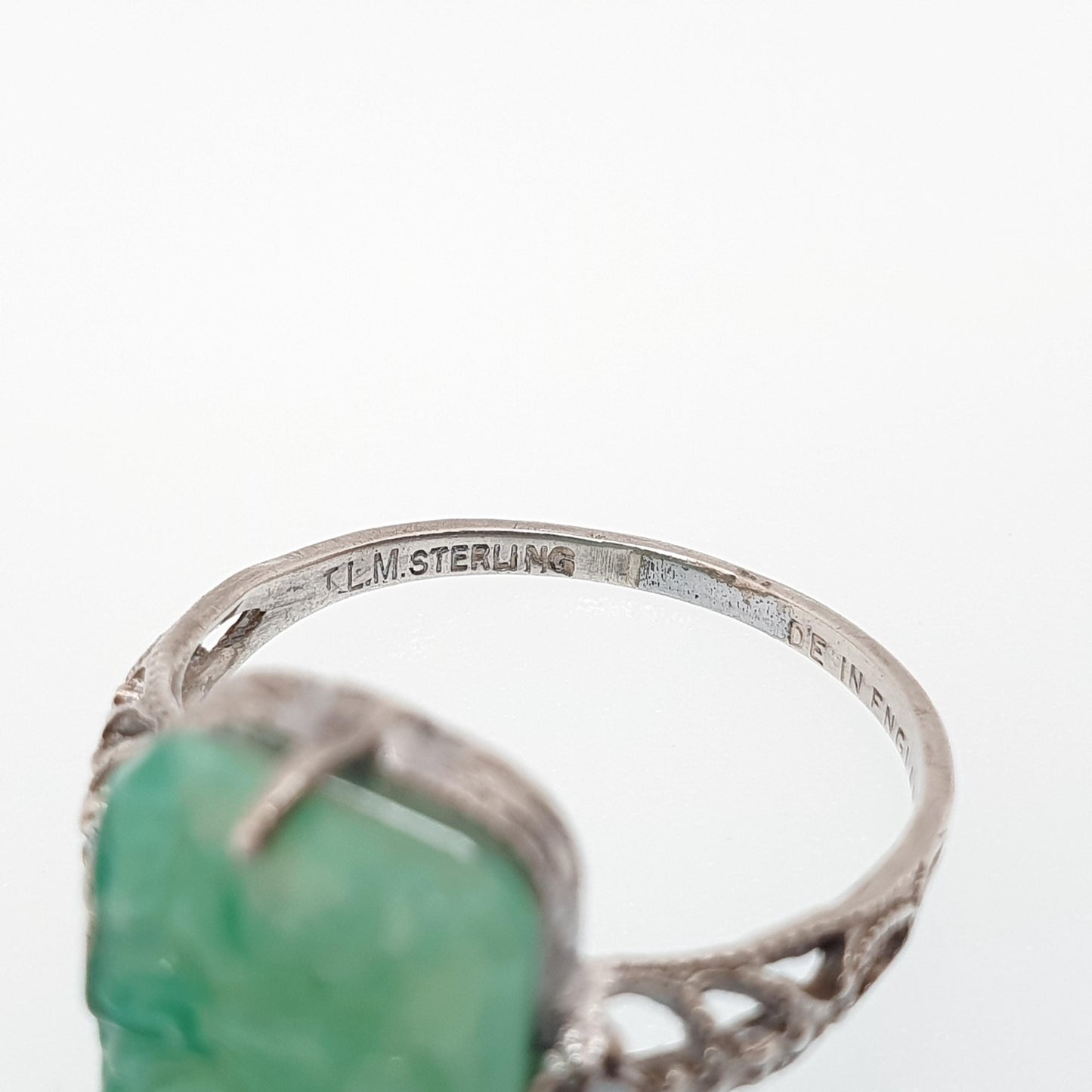 Antique Sterling Silver Peking Glass Jade Ring TLM Thomas L Mott Art Deco Vintage 1920s Womens Green Czech Jewellery Jewelry
