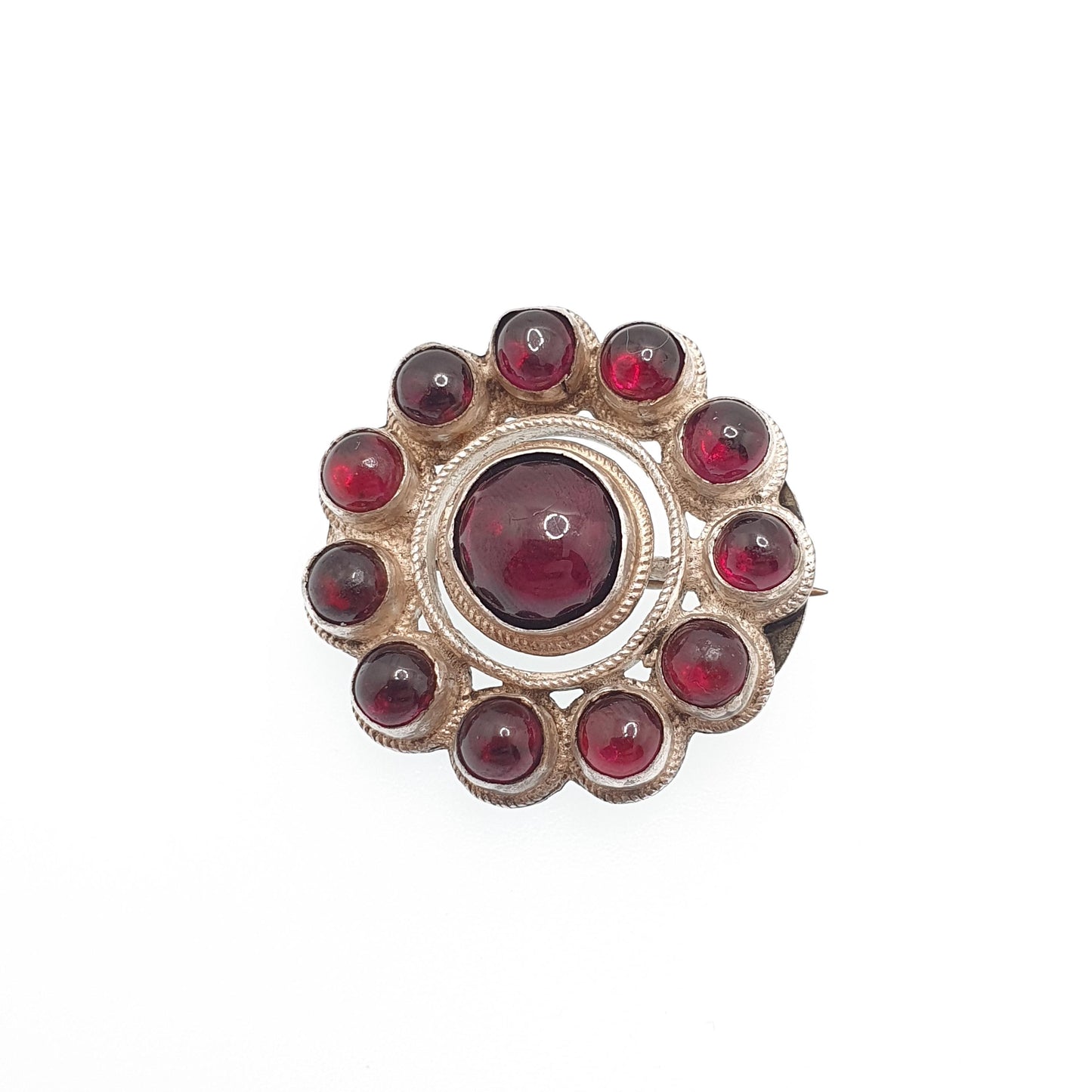 Antique Georgian Garnet Solid Silver Brooch Foiled Cabochon Gemstone Cluster 1800s Vintage Rare Hand Cut Pyrope Womens Jewelry Jewellery