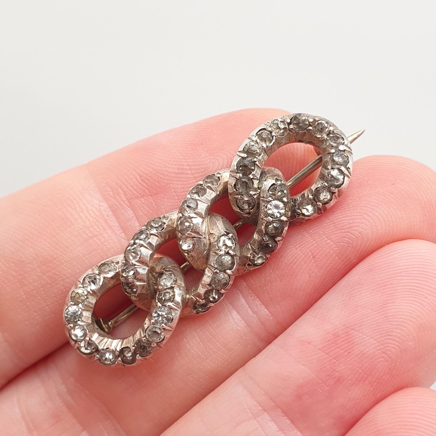 Antique Victorian Solid Silver Diamond Paste Curb Link Brooch Pin Rare Unique Chain Links 1800s Vintage Womens Jewelry Jewellery