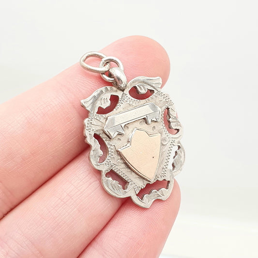 Antique Victorian Sterling Silver Shield Pendant Necklace 1899 Hallmark Albert Chain Fob Rose Gold Highlight Mens Jewelry Jewellery