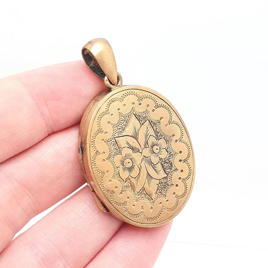 Antique Victorian Gold Gilt Locket Large Oval Flower Hand Engraved Photo Picture Necklace Pendant Vintage Picture Gift Jewellery Jewelry