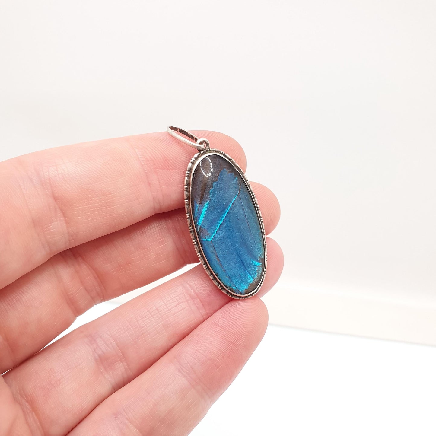 Antique Sterling Silver Butterfly Wing Necklace Pendant Large Oval Art Deco Round Vintage 1920s Blue Bug Fly Insect Jewelry Jewellery Womens