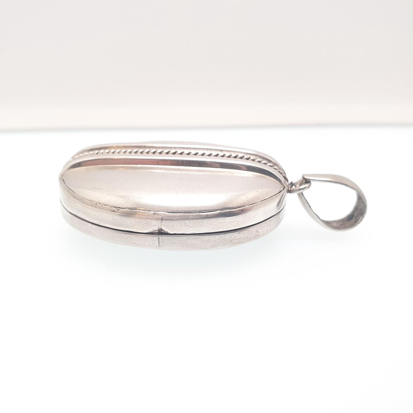 Antique Victorian Solid Silver Locket Large Oval Necklace Pendant Rope Finish Picture Photo 1800s Vintage Jewellery Jewelry