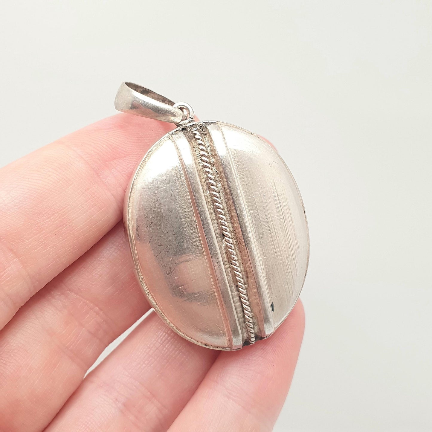 Antique Victorian Solid Silver Locket Large Oval Necklace Pendant Rope Finish Picture Photo 1800s Vintage Jewellery Jewelry