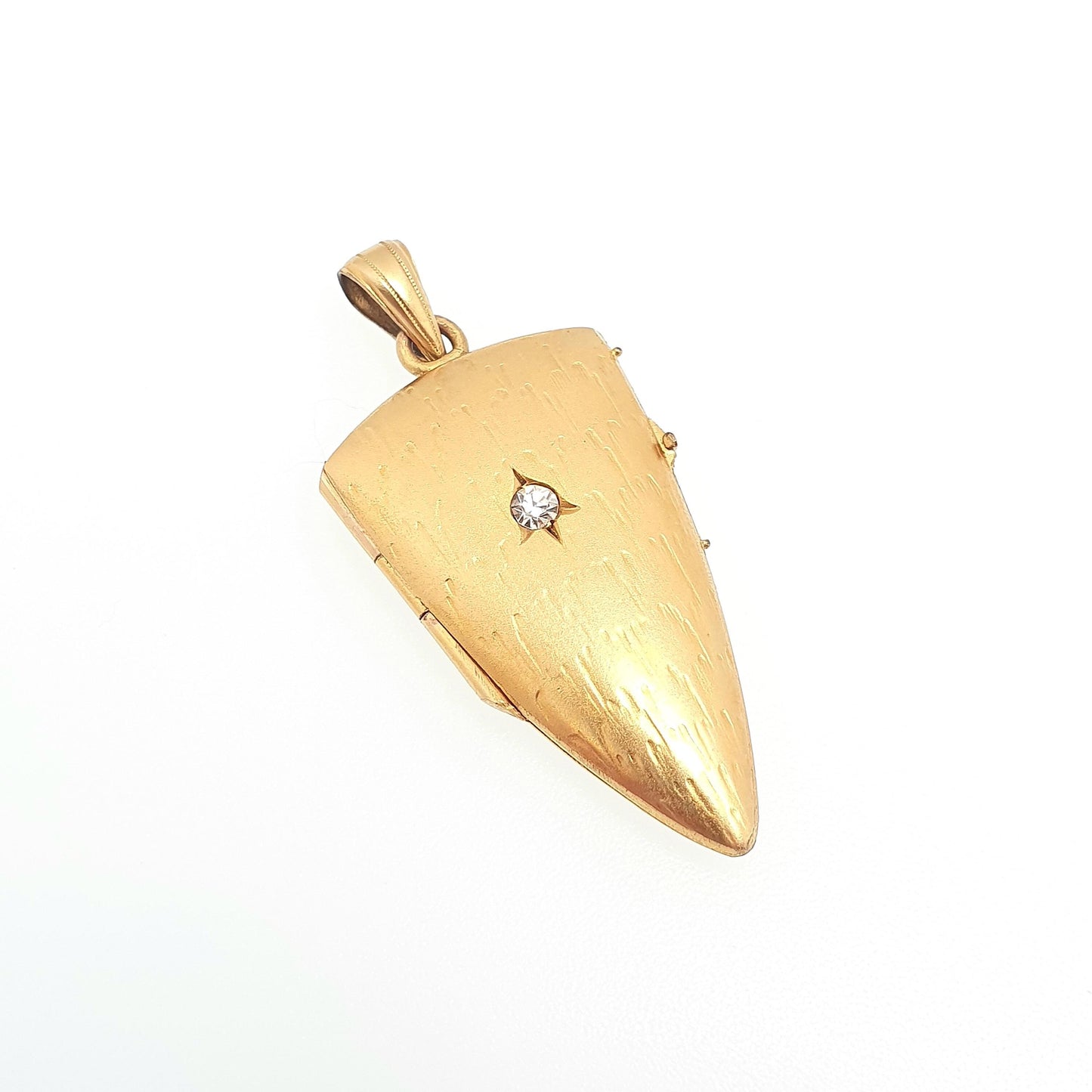 Antique Rolled Gold Kite Shield Locket Diamond Paste Centre Filled Sparkly Rare Pointed Photo Womens Vintage Jewelry Jewellery