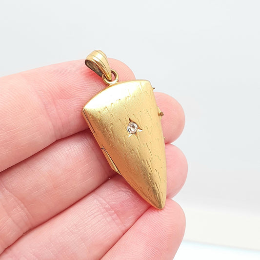 Antique Rolled Gold Kite Shield Locket Diamond Paste Centre Filled Sparkly Rare Pointed Photo Womens Vintage Jewelry Jewellery