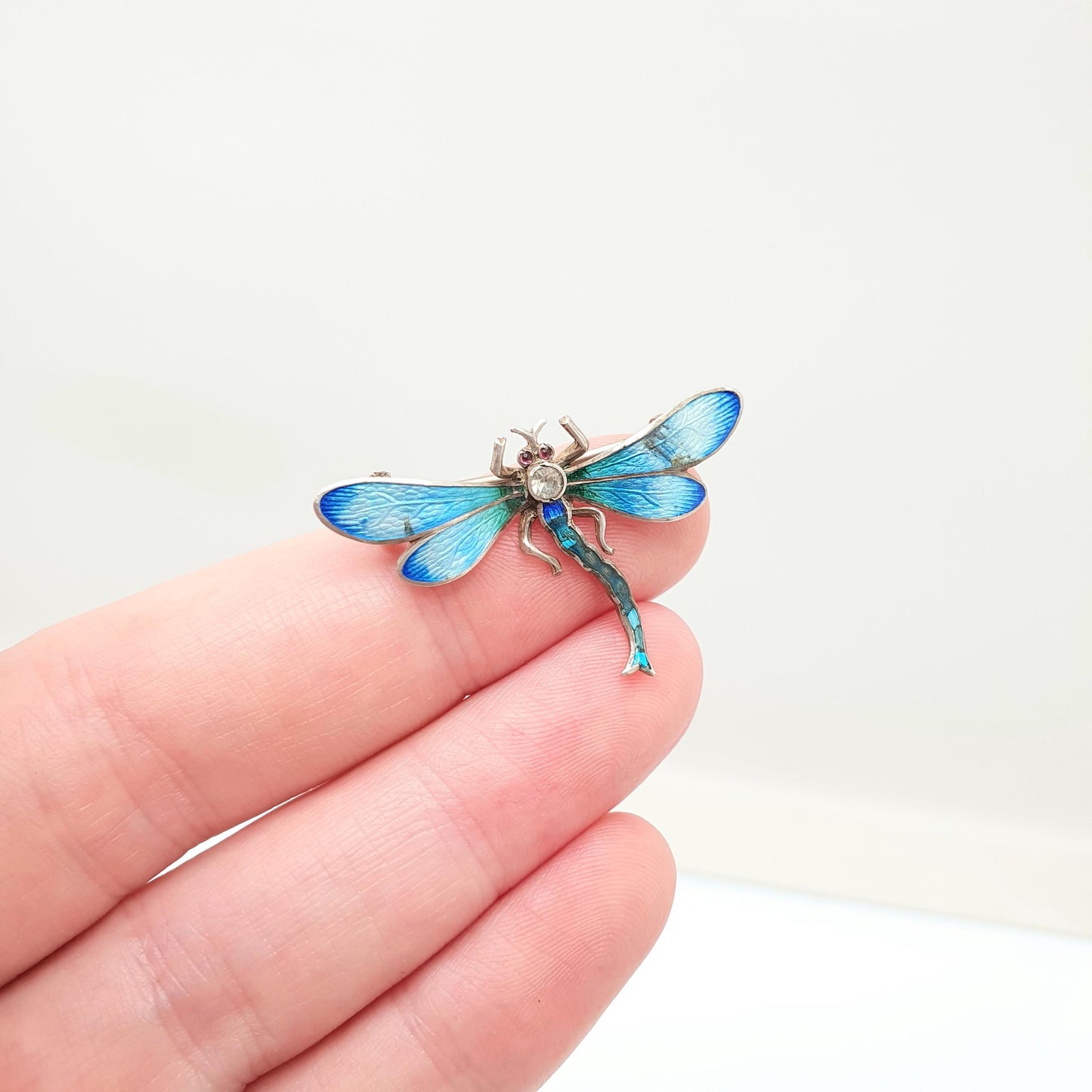 Antique Sterling Silver Dragonfly Brooch Enamel & Diamond Paste Edwardian Insect Fly Vintage Womens Red Jewelry Bug Jewellery
