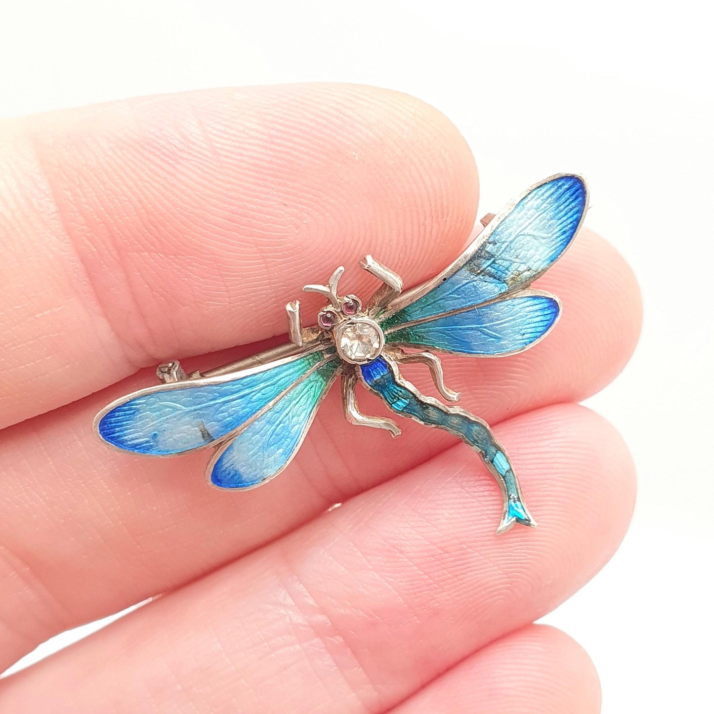 Antique Sterling Silver Dragonfly Brooch Enamel & Diamond Paste Edwardian Insect Fly Vintage Womens Red Jewelry Bug Jewellery