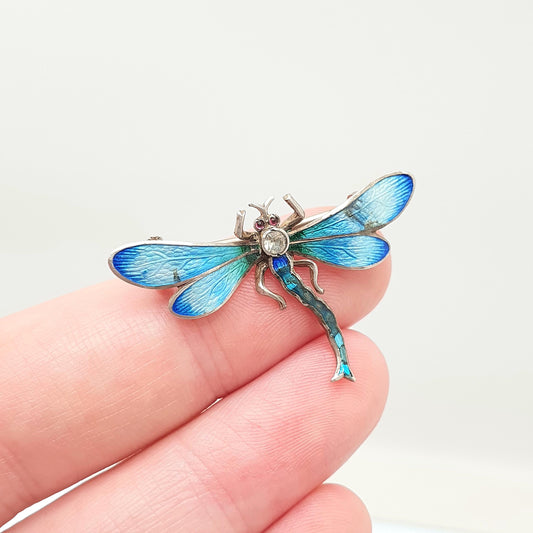 Antique Sterling Silver Dragonfly Brooch Enamel & Diamond Paste Edwardian Insect Fly Vintage Womens Red Jewelry Bug Jewellery