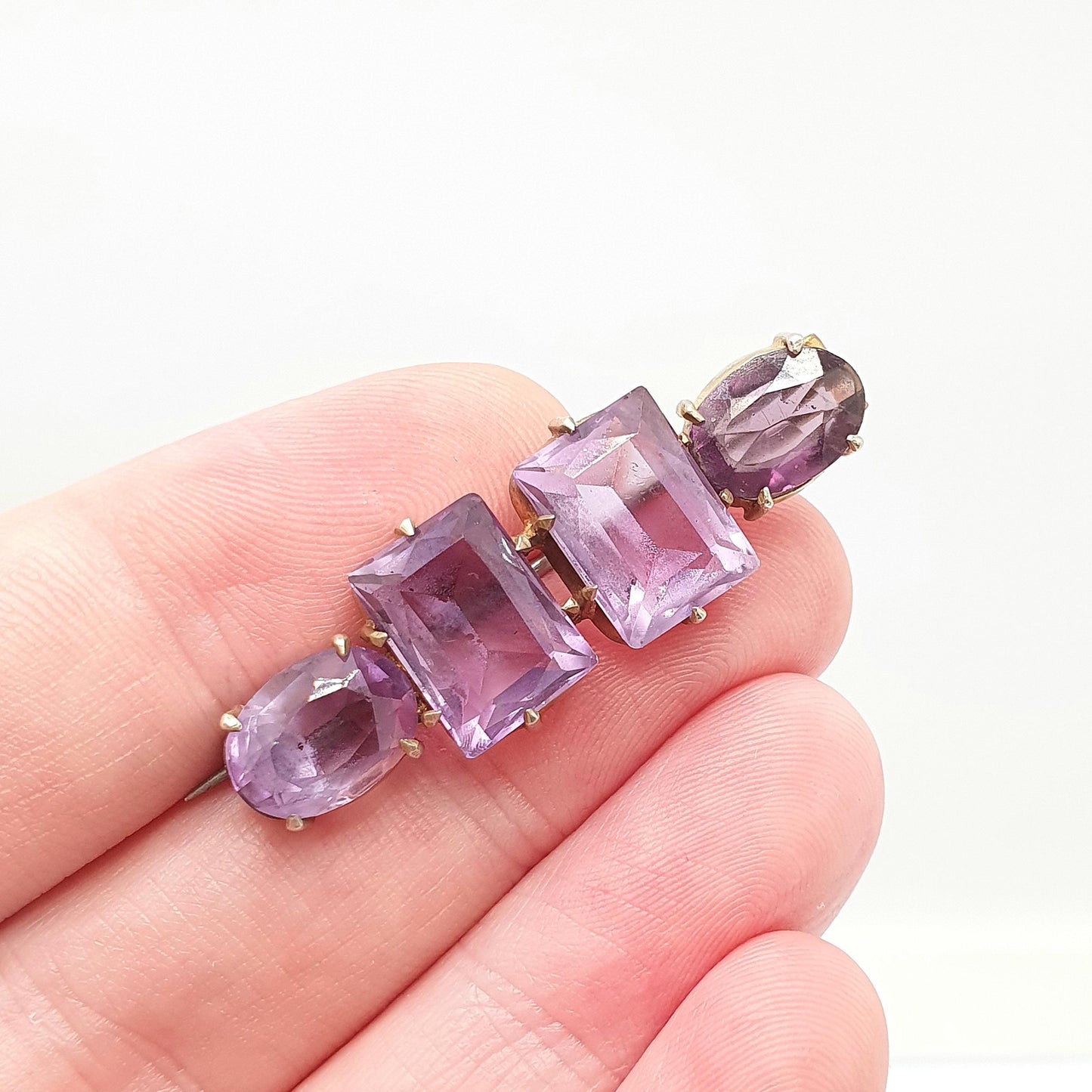 Antique Victorian Natural Amethyst Brooch Pin Rectangular Oval Cut Gold Gilt Genuine Gemstone Old Vintage 1800s Lilac Purple Womens Jewelry