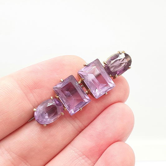 Antique Victorian Natural Amethyst Brooch Pin Rectangular Oval Cut Gold Gilt Genuine Gemstone Old Vintage 1800s Lilac Purple Womens Jewelry