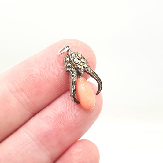 Antique Natural Coral Necklace Sterling Silver Pendant Art Deco Marcasite Womens Vintage Teardrop Jewellery Jewelry