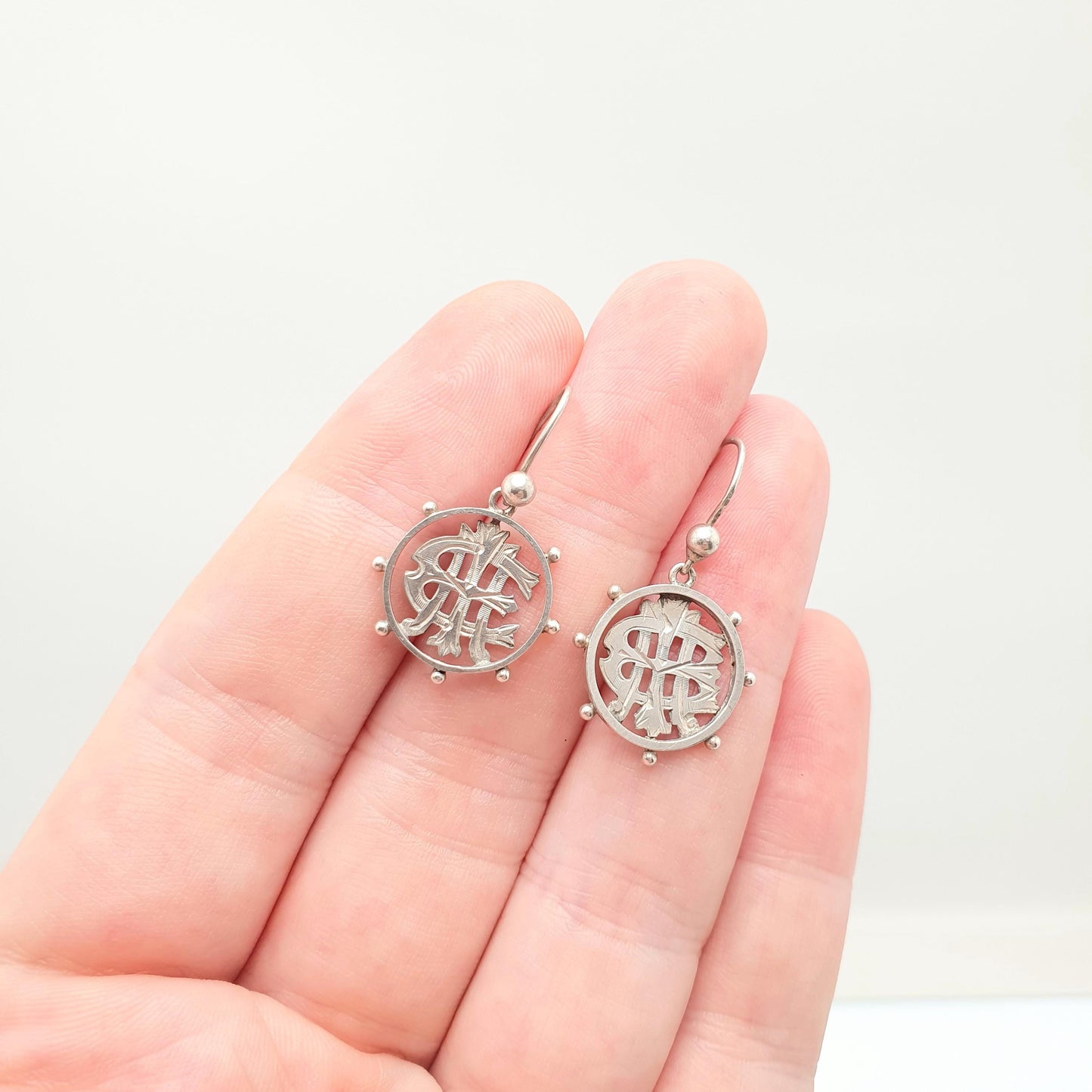 Antique Solid Silver Victorian Earrings Monogram Wheel Etruscan Hook Dangle Aesthetic Drop Vintage Jewelry Jewellery