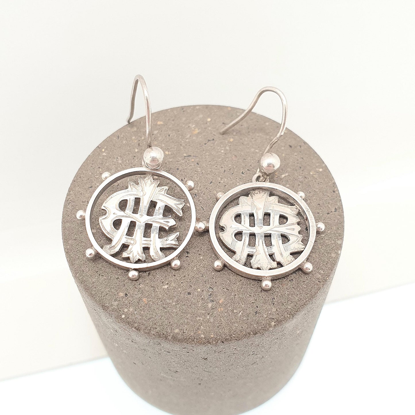 Antique Solid Silver Victorian Earrings Monogram Wheel Etruscan Hook Dangle Aesthetic Drop Vintage Jewelry Jewellery
