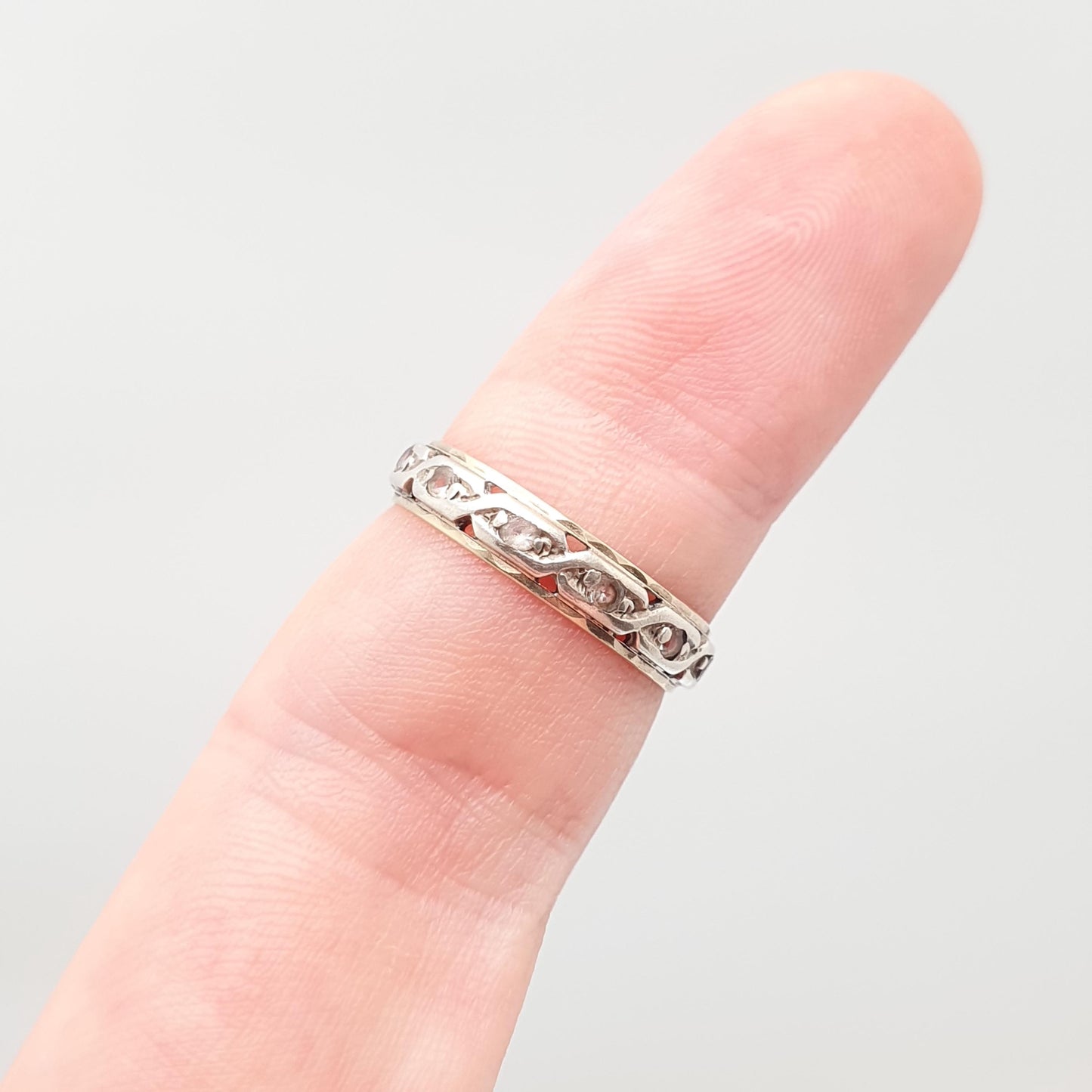 Antique 9ct 9k Gold Sterling Silver Eternity Ring Diamond White Spinel Band Solid 9kt Gold Art Deco Vintage 1920s Womens Jewelry Jewellery