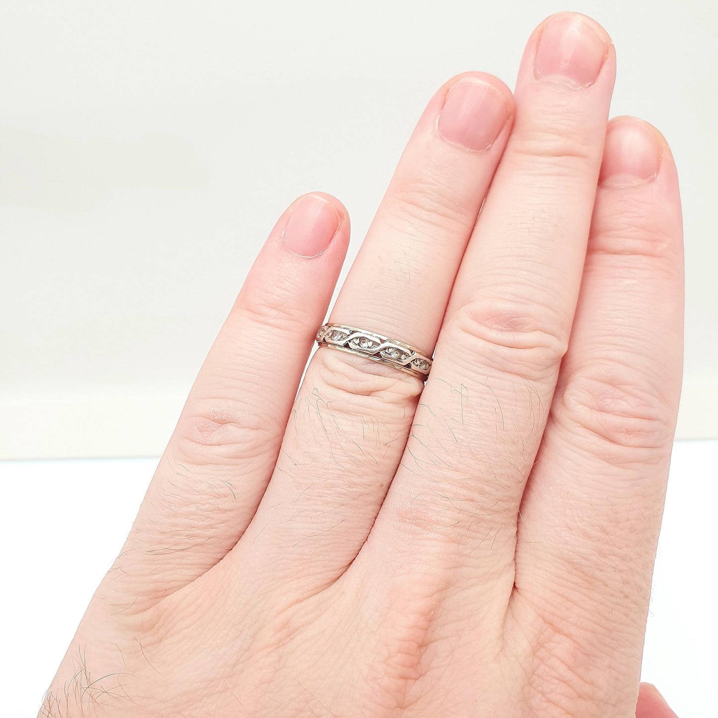 Antique 9ct 9k Gold Sterling Silver Eternity Ring Diamond White Spinel Band Solid 9kt Gold Art Deco Vintage 1920s Womens Jewelry Jewellery