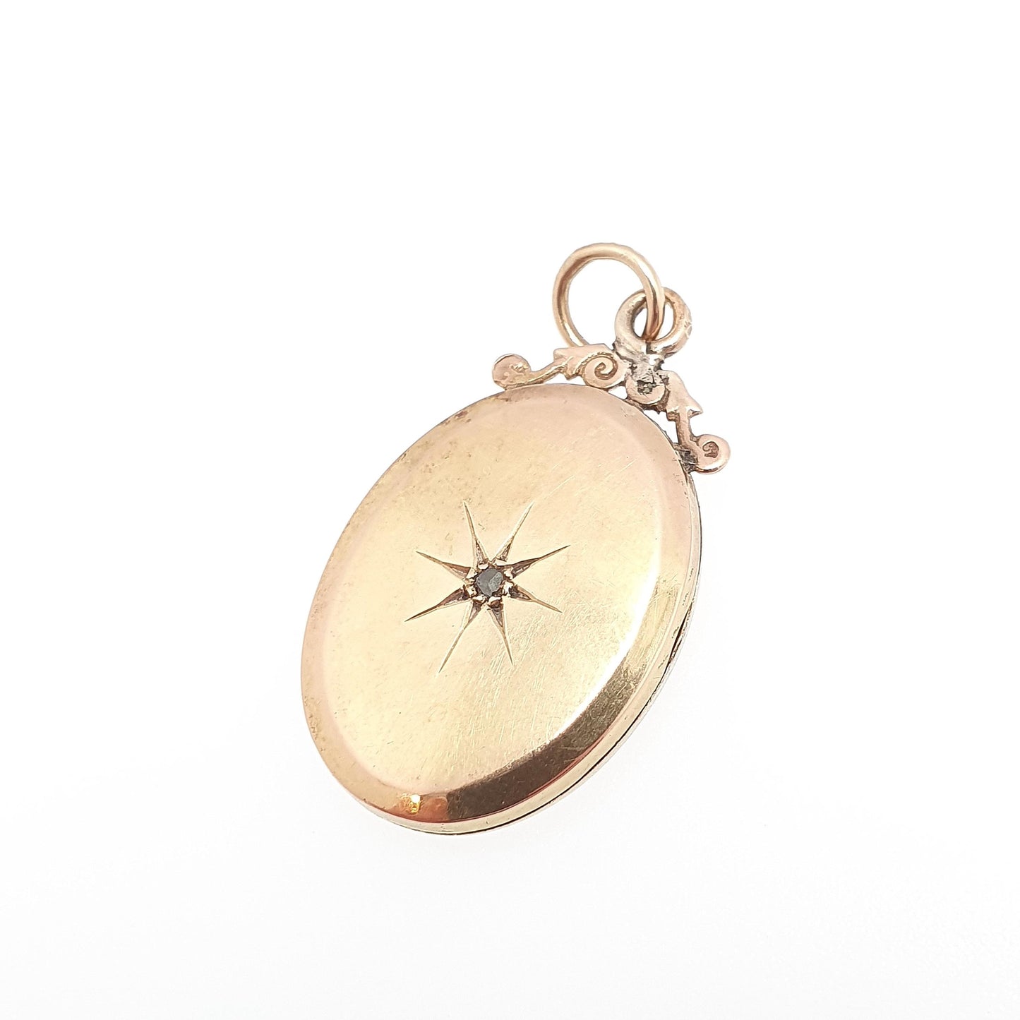 Antique 15ct Gold Diamond Locket Pendant Star Pattern Oval Solid 625 15k Fine Estate Back & Front Necklace Jewelry Womens Jewellery