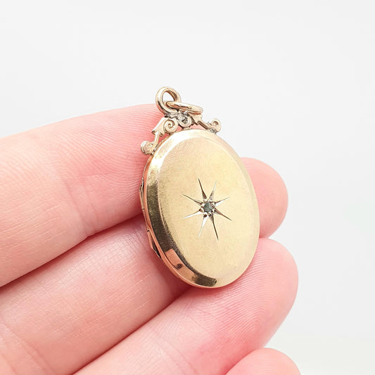 Antique 15ct Gold Diamond Locket Pendant Star Pattern Oval Solid 625 15k Fine Estate Back & Front Necklace Jewelry Womens Jewellery