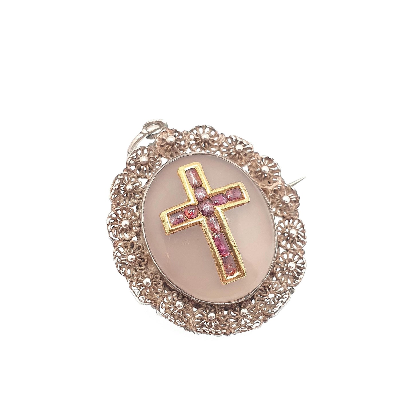 Antique Georgian 18ct Gold Ruby Crucifix Pendant Brooch Necklace Solid Silver Filigree White Chalcedony Gemstone Womens Jewelry Jewellery