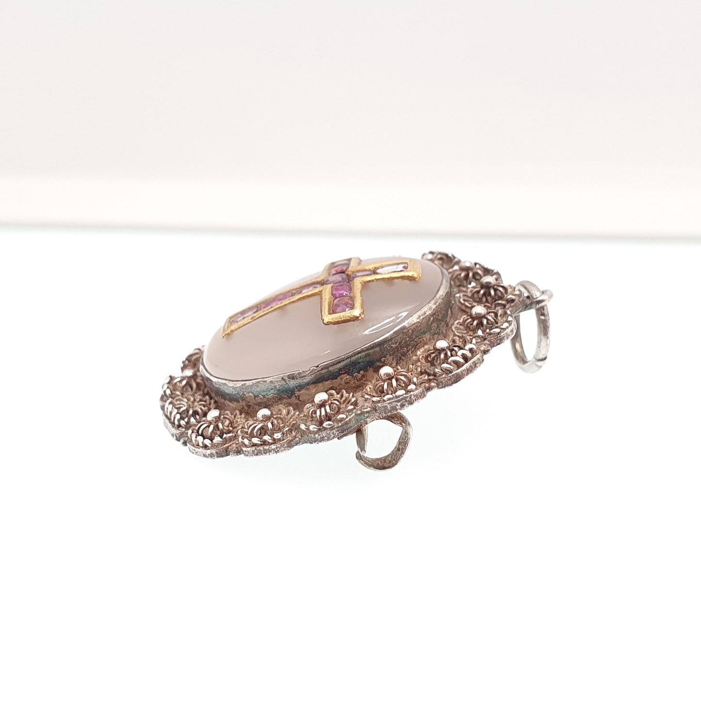 Antique Georgian 18ct Gold Ruby Crucifix Pendant Brooch Necklace Solid Silver Filigree White Chalcedony Gemstone Womens Jewelry Jewellery