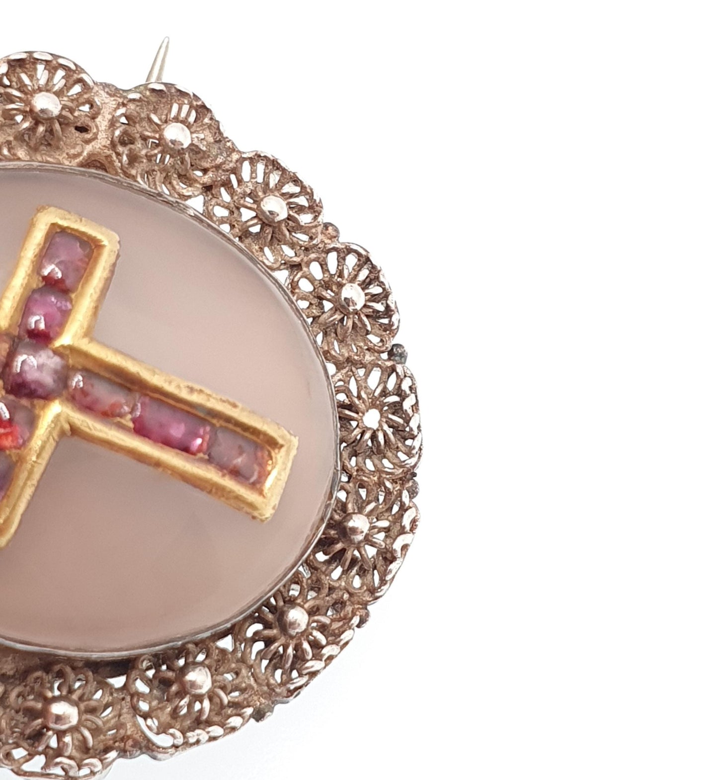 Antique Georgian 18ct Gold Ruby Crucifix Pendant Brooch Necklace Solid Silver Filigree White Chalcedony Gemstone Womens Jewelry Jewellery