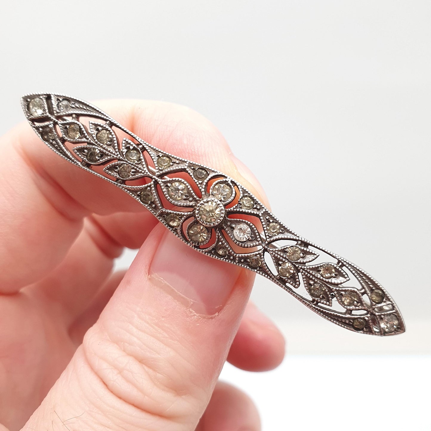 Antique Sterling Silver Diamond Paste Brooch Art Deco Pin Scroll 1920s Flapper Geometric Vintage Ladies Womens Jewellery Jewelry