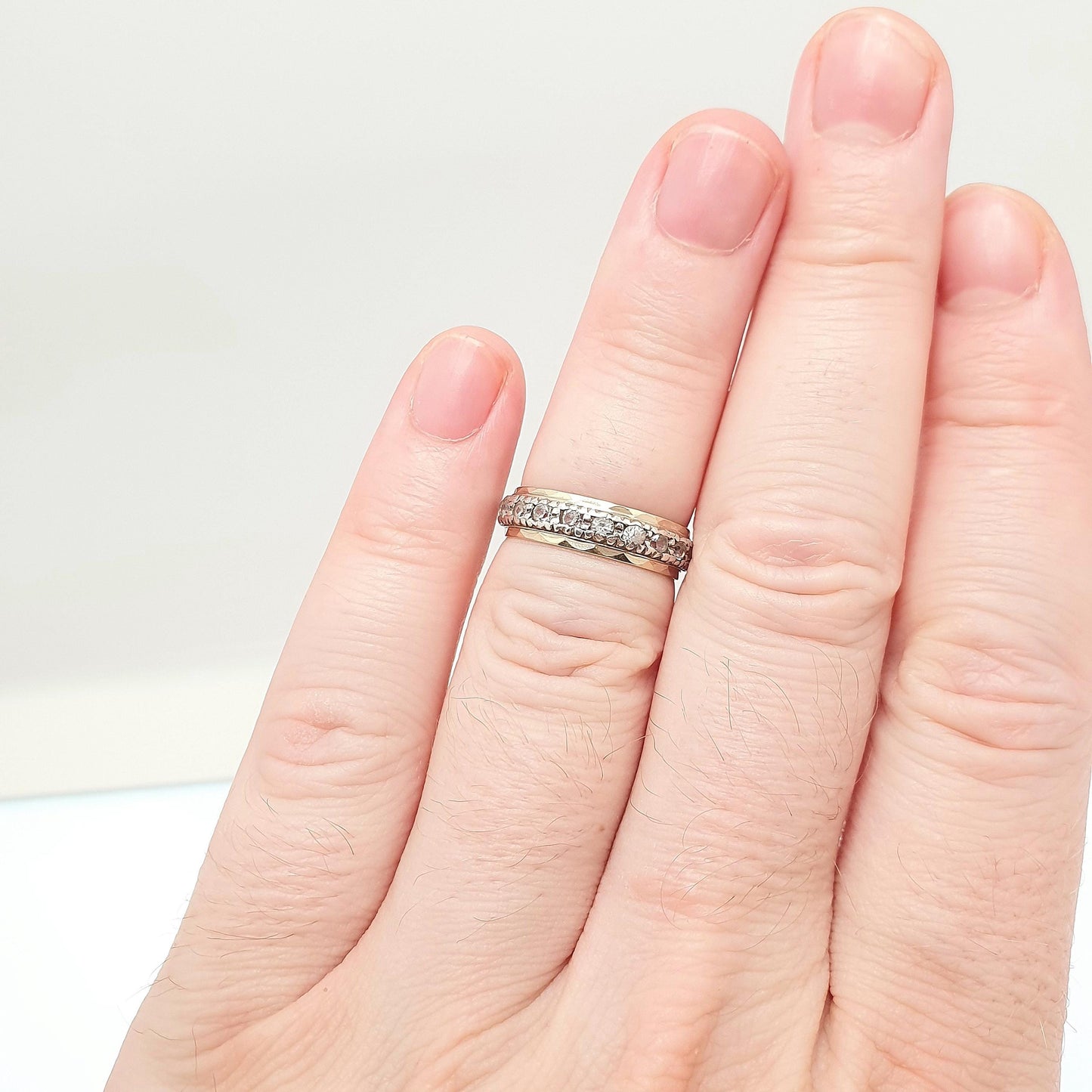 Antique 9ct Gold Eternity Ring Diamond White Spinel Sterling Silver Band Solid 9kt 9k Gold Art Deco Vintage 1920s Womens Jewelry Jewellery