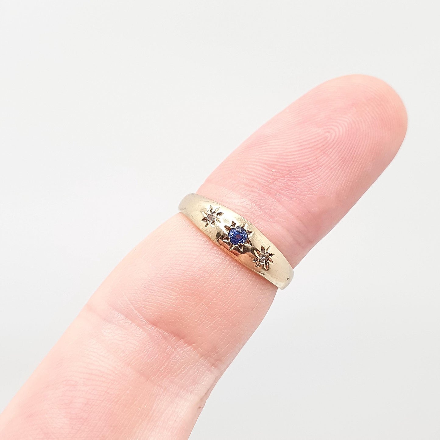 Vintage 9k Gold Diamond & Sapphire Ring Gypsy Solid 9ct 375 Victorian Style Hallmark Fine Estate Gemstone Womens Jewelry Jewellery