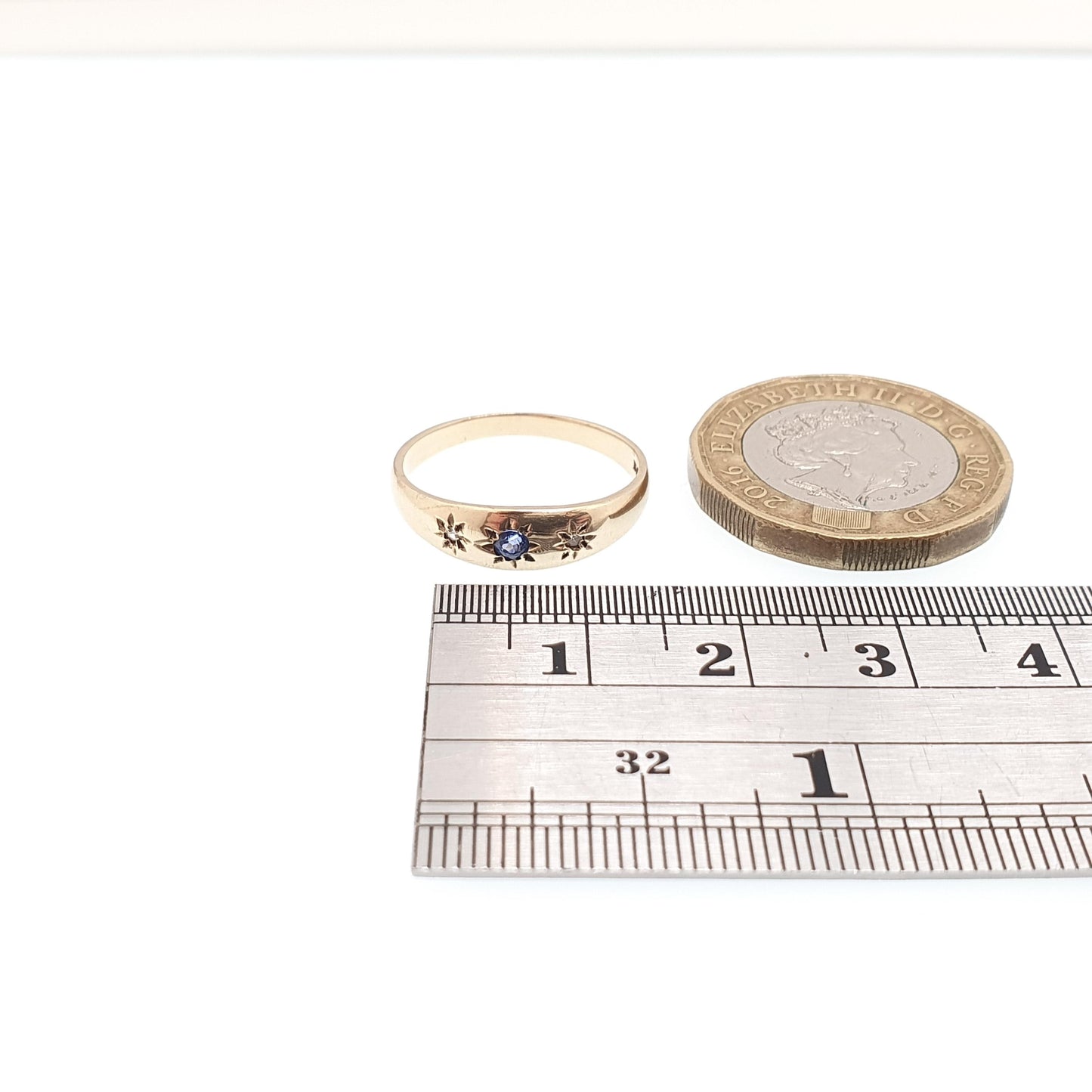 Vintage 9k Gold Diamond & Sapphire Ring Gypsy Solid 9ct 375 Victorian Style Hallmark Fine Estate Gemstone Womens Jewelry Jewellery