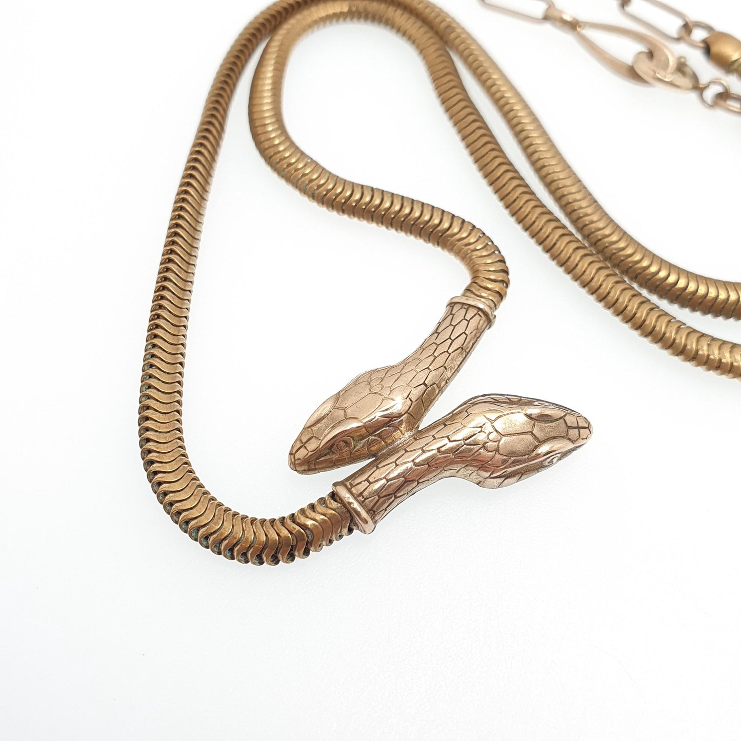 Antique Victorian Rolled Gold Snake Necklace Double Headed Serpent Gold Filled Pendant 1800s Vintage Womens Jewelry Jewellery