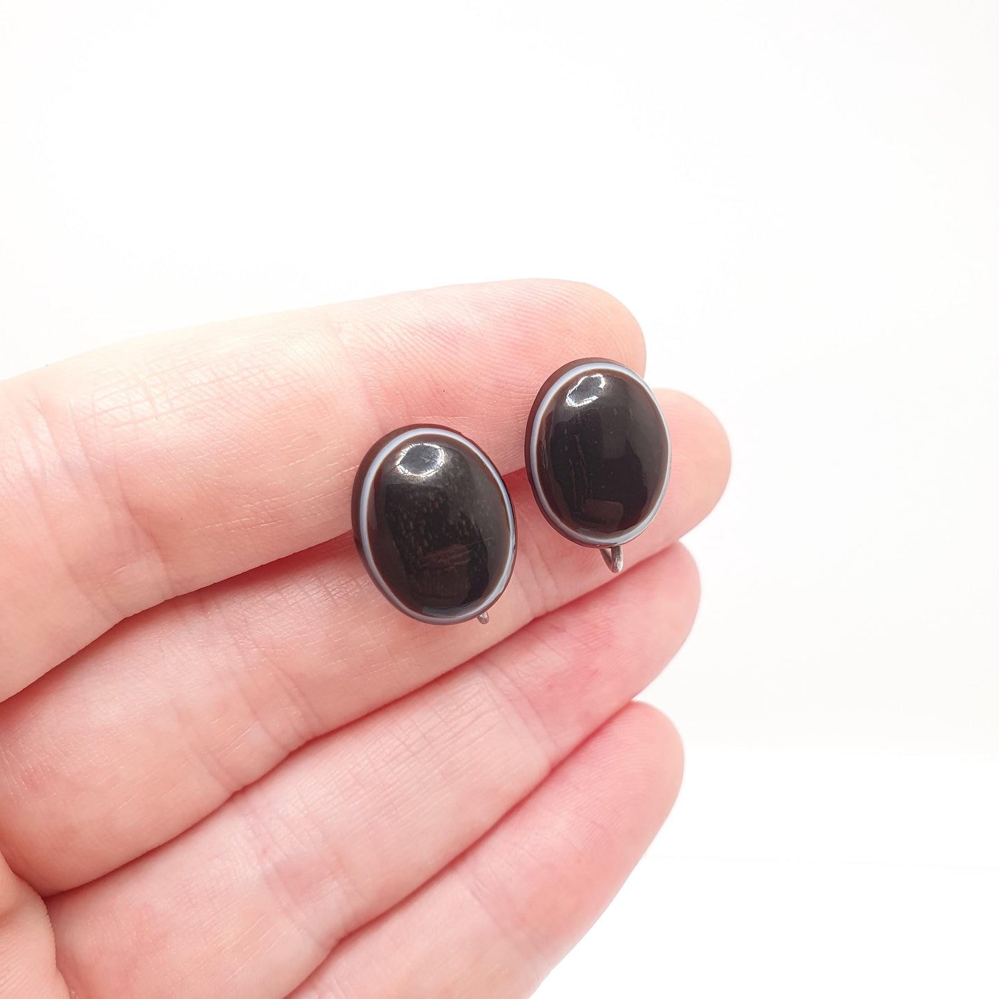 Antique Sterling Silver Bullseye Agate Earrings Victorian Genuine Gemstone Screw Back Oval Quartz White Band Vintage Jewelry Jewellery