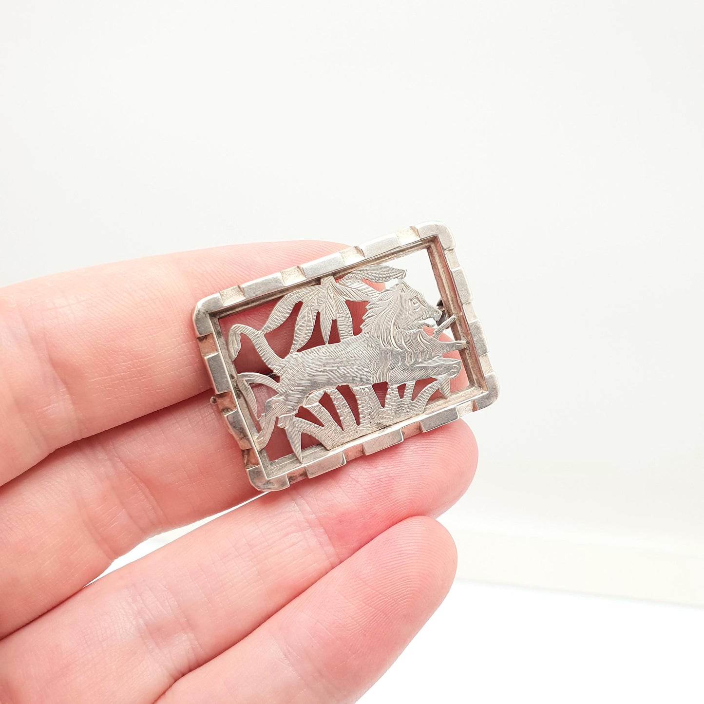 Antique Solid Silver Lion Brooch Victorian Pin Asian Aesthetic Jungle Palm Tree Exotic 1800s Big Cat Vintage Womens Jewelry Jewellery