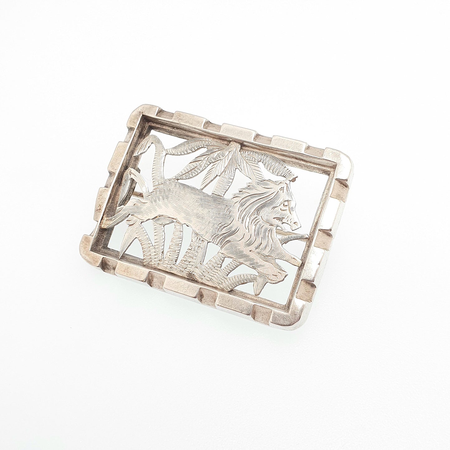 Antique Solid Silver Lion Brooch Victorian Pin Asian Aesthetic Jungle Palm Tree Exotic 1800s Big Cat Vintage Womens Jewelry Jewellery
