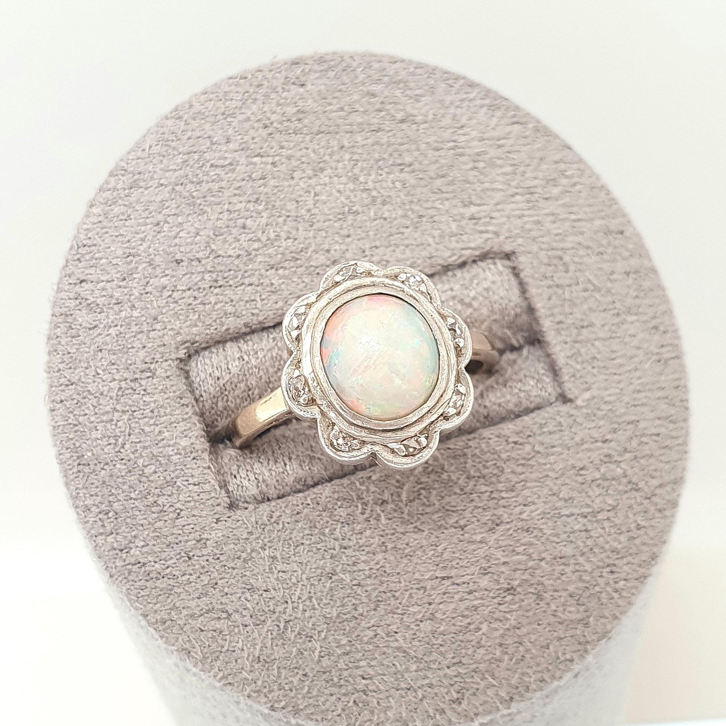 Antique 18ct Gold Opal & Diamond Ring Victorian Solid Silver Set Bezel Cluster Halo Solid 18k 750 Yellow Ladies Womens Jewelry Jewellery