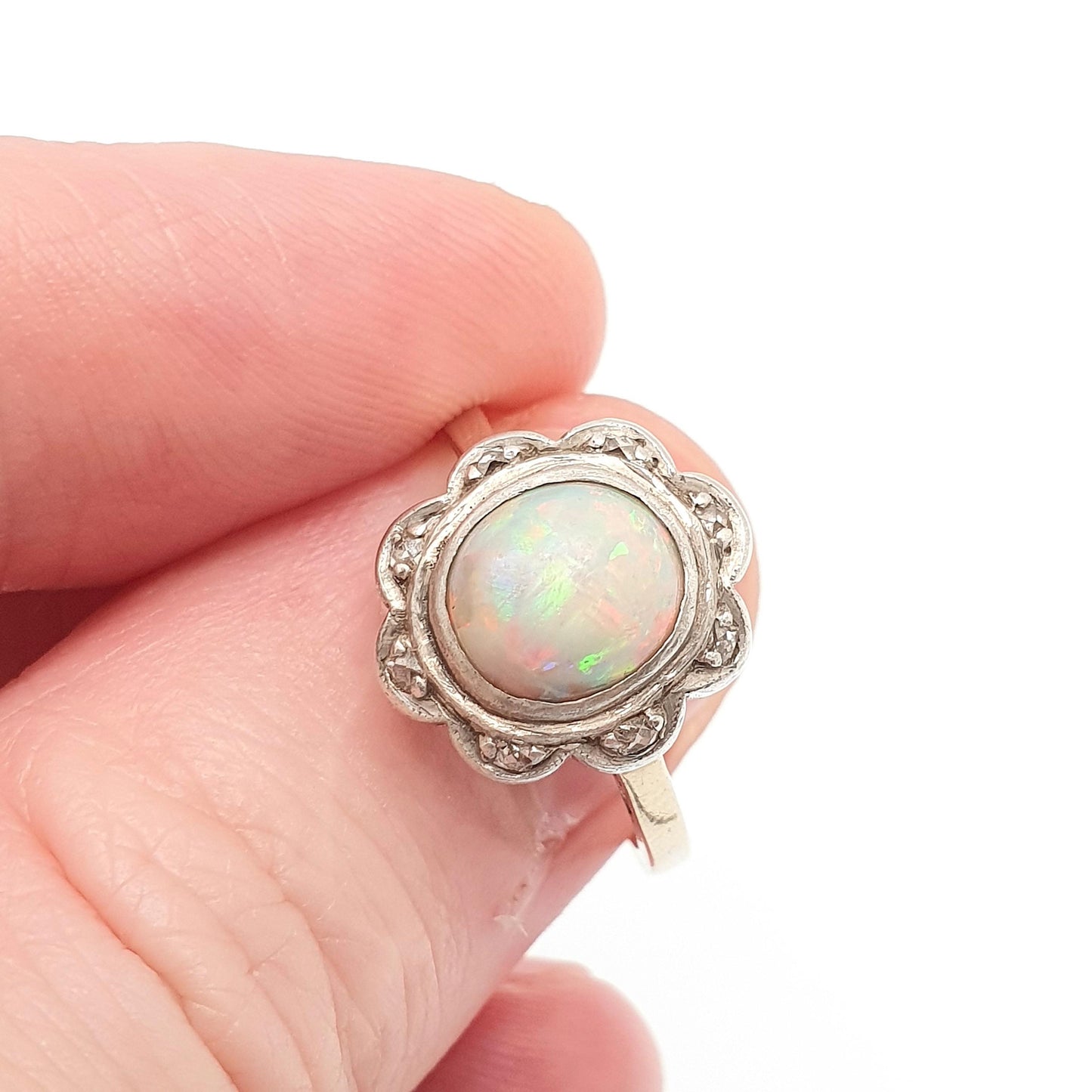 Antique 18ct Gold Opal & Diamond Ring Victorian Solid Silver Set Bezel Cluster Halo Solid 18k 750 Yellow Ladies Womens Jewelry Jewellery