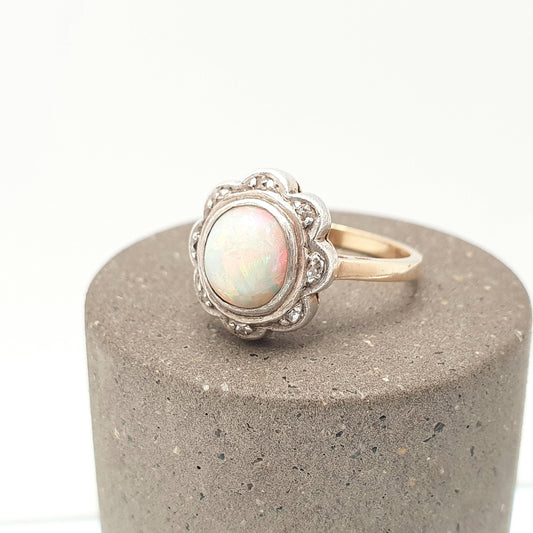 Antique 18ct Gold Opal & Diamond Ring Victorian Solid Silver Set Bezel Cluster Halo Solid 18k 750 Yellow Ladies Womens Jewelry Jewellery