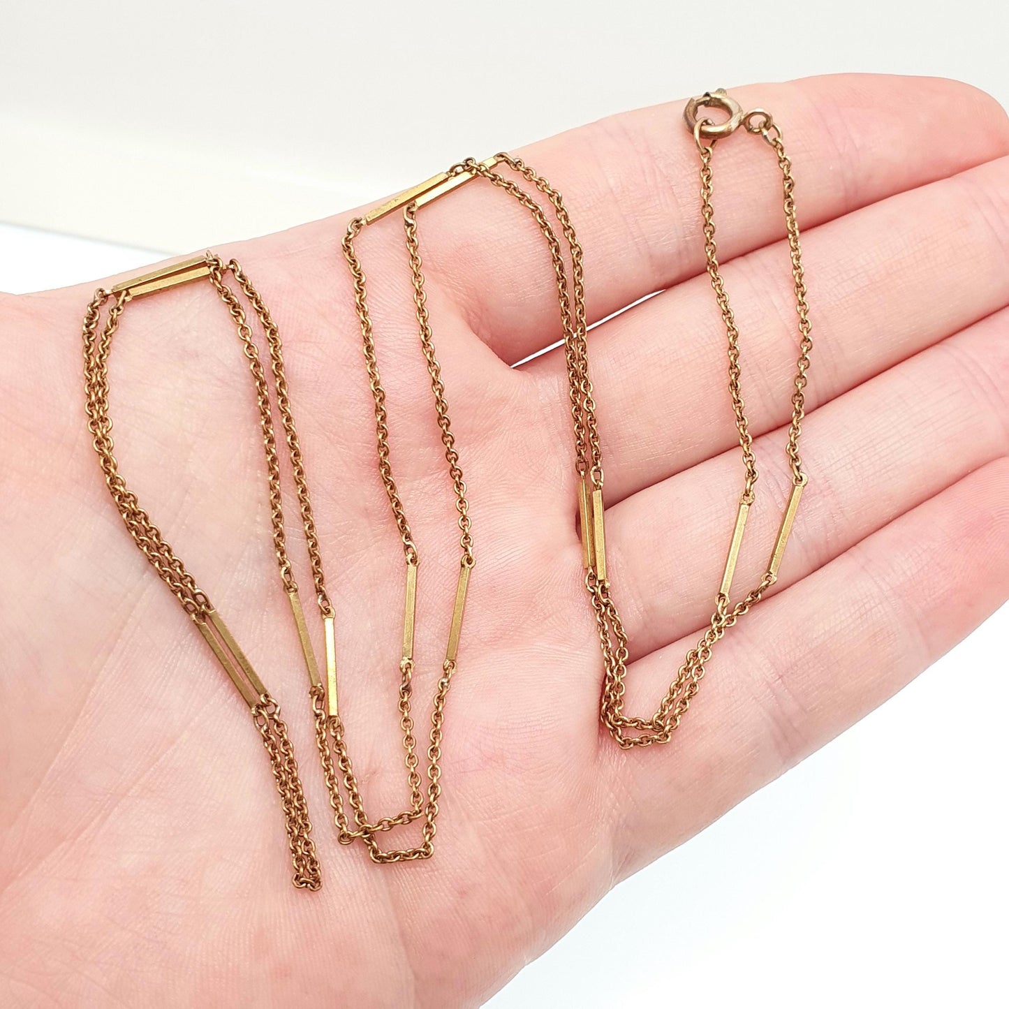 Antique Rolled Gold Muff Chain Necklace Bar & Cable Link Long 81cm 4.45g Gold Filled Edwardian Guard Vintage Womens Jewelry Jewellery