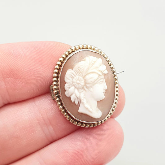 Antique Solid Silver Victorian Cameo Brooch Gold Vermeil Rope Border Oval Hand Carved Shell Italian European Vintage Jewelry Jewellery