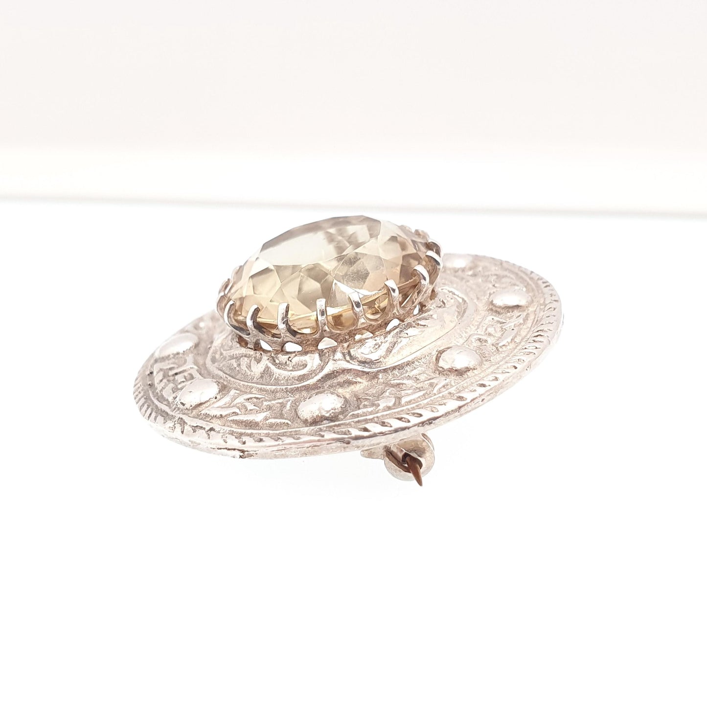 Old Vintage Sterling Silver Citrine Brooch Pin ROBERT ALLISON 1953 Scottish Celtic Large Gemstone Engraved Solid 925 Jewelry Jewellery