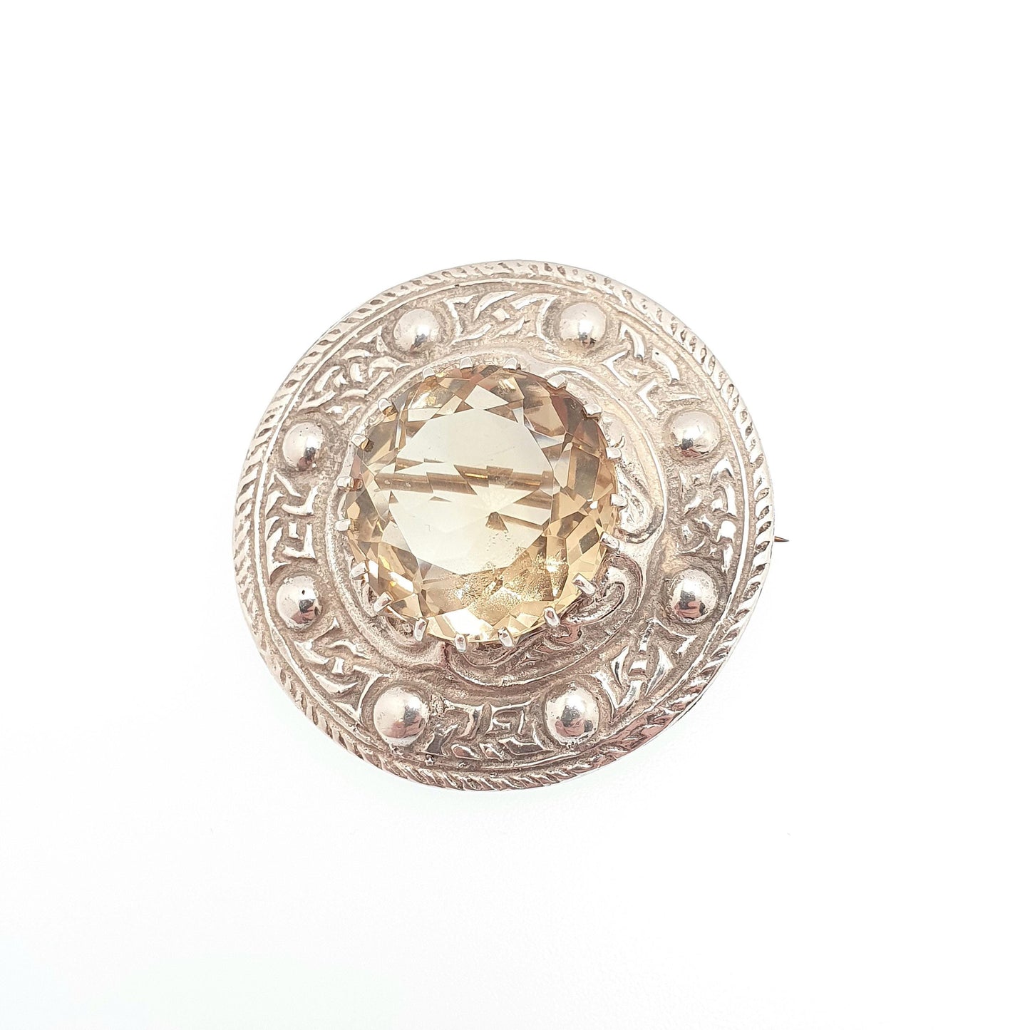 Old Vintage Sterling Silver Citrine Brooch Pin ROBERT ALLISON 1953 Scottish Celtic Large Gemstone Engraved Solid 925 Jewelry Jewellery